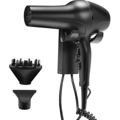QL Hair Dryer Ion Hair Dryer with Holder and Diffuser, 2200 W, Wall Hair Dryer with AC Brushless Motor for Hotel, Home, Salon, Matte Black