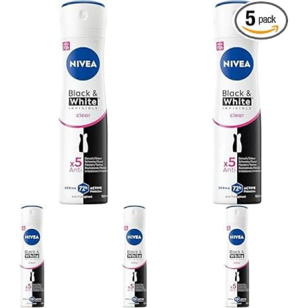 NIVEA Black & White Invisible Clear Deodorant Spray, Antiperspirant with Patented Anti-Stain Formula, Deodorant with 72h Protection (150 ml) (Pack of 5)
