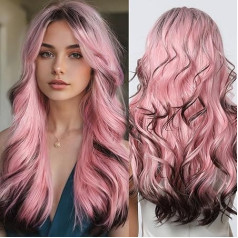 testar Pink Wigs for Women Long Pink Black Wavy Wigs with Curtain Bangs Long Curly Wig Heat Resistant Synthetic Wigs for Girls Daily Party Use