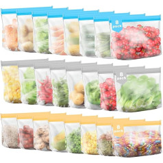Cisivis Silicone Bags & Freezer Bags, Pack of 24 Reusable Silicone Bags with Standing Base Design, Zip Bag, Sandwich Bag, Kitchen Bag for Bread Bags, Milk, Snacks, Meat, Eggs
