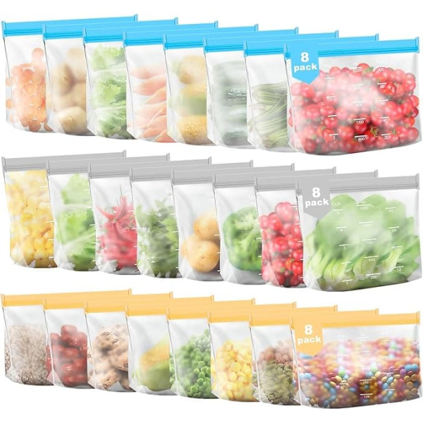 Cisivis Silicone Bags & Freezer Bags, Pack of 24 Reusable Silicone Bags with Standing Base Design, Zip Bag, Sandwich Bag, Kitchen Bag for Bread Bags, Milk, Snacks, Meat, Eggs