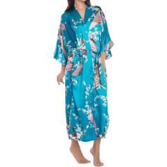 FEOYA Women's Kimono Belted Robe Peacock & Blossoms Printing Silk Long Nightwear Blue