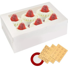 PHULWEL Pack of 15 Cupcake Boxes, White Muffin Transport Box with Large Viewing Window, Insert Patisserie Boxes, Biodegradable with 3 Sheets of Stickers and Ribbon (Pack of 6)