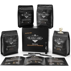 Black Label Coffee® Coffee Beans Tasting Set Exclusive Gift Set for Coffee Lovers with Elegant Locking Clip 4 x 330 g Low Acid Coffee Whole Espresso Beans for Fully Automatic and Portafilter