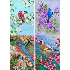 Pack of 4 Diamond Painting Birds 30 x 40 cm 5D Diamond Painting Pictures DIY Diamond Painting Arts Craft Children's Room Wall Decoration Diamond Painting Bird Flowers for Adults Children Beginners