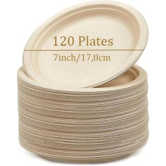 SOSINYA Paper Plates, Sugarcane Fibre Tableware, 120 Pieces, 7 Inch Natural Sugarcane Fibres, Compostable Plates, Party Tableware, Environmentally Friendly, Degradable, Cardboard, Biorecyclable