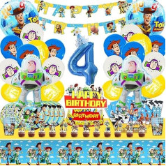 101-Piece Birthday Decoration Set, 4 Years Party Tableware Set Balloons, 4 Years Decoration Birthday Balloons, Banner Tablecloth, Plate, Cake Lid, etc. Boys and Girls Party Supplies