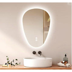 EMKE Asymmetric Mirror LED Bathroom Mirror with Lighting 70 x 50 cm Touch Switch 3 Light Colours Dimmable Anti-Fog Bathroom Mirror with Lighting IP44 Energy Saving