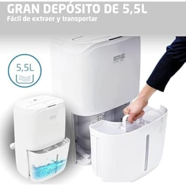 Amig Mist Dehumidifier, Capacity 25 L/Day, Moisture Control and Timer, Removable Water Tank 5.5 L, 36 x 28 x 56 cm, 370 W, Cover 170 m³/h, Quiet 46 dB, Tumble Drying