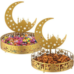 Perthlin Pack of 2 Ramadan Trays, Metal Eid Mubarak Tray, Ramadan Serving Tray, Round Muslim Dessert Trays, Metal Food Storage Container for Muslim Table Decoration
