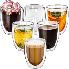 CRYSTALIA Double-Walled Latte Cups, Set of 6, 350 ml Double Glass Coffee Cups, Insulated Double-Walled Glass Cups without Handles, Flat White Coffee Cups, Double Wall Coffee Cups, Double Glass Cups