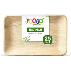 FOOGO Green 25 Disposable Palm Leaf Serving Trays, Deep Medium, 28 x 17 cm, for Platters, Appetizers, Weddings, Environmentally Friendly, Biodegradable, Wood-like Trays for Hot Food