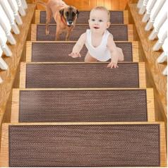 Leeko Non-Slip Sisal Stair Mats, Stair Treads Mats for Indoor Use, 15 Packs Self-Adhesive Linen Carpet Mats for Wooden Stairs (Dark Brown)