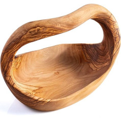 Darido Handmade Rustic Olive Wood Bowl 18 x 11 cm - Wooden Fruit Bowl for Entrance Area with Easy Handle - Fruit Basket - Storage Basket - Decoration Basket - Bathroom Accessories