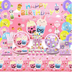 Obussgar Milk Tea Birthday Party Decorations - Bubble Tea Party Supplies Includes Banners, Cake Toppers, Plates, Cups, Napkins, Balloons, Tablecloth for Bubble Milk Tea Party - Served