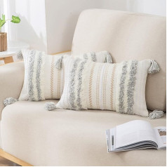 decorUhome Set of 2 Decorative Boho Cushion Covers 30 x 50 cm, Tufted Tassel Woven Cushion Cover for Sofa Couch, 12 x 20 Inch, Light Grey