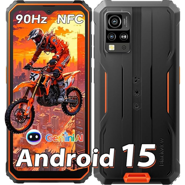Blackview BV4800SE Andriod 15 Outdoor Mobile Phone Without Contract, 12GB + 64GB/2TB TF, Gemini AI 90Hz 6.56 Inch HD+ Display Outdoor Smartphone Without Contract, 16MP + 8MP Octa-Core, IP69K Buastelle