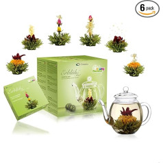 Creano Tea Flowers Mix - Blooming Tea Gift Set with Glass Jug, Green Tea, Fruity Flavoured (Tea Roses in 6 Varieties), Blooming Tea Gift for Christmas