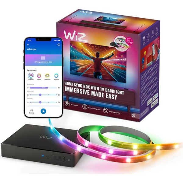 WiZ HDMI Sync Box with TV Lighting - Synchronises Light to Your Movies, Games and Music - HDMI 2.0 - RGBIC LED Strip for 75 - 85 Inch TVs - App/Voice Control, Works with Google and Alexa