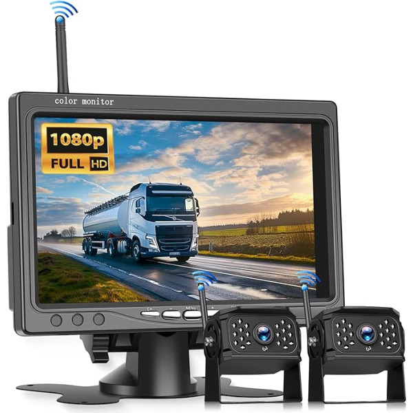VECHTEL Wireless IPS HD 7 Inch Reversing Camera Wireless Kit with 2 Cameras, Reversing Camera with BSD IP68 Waterproof Night Vision Super Wide Angle for 12-36 V Truck Caravan Lorry Motorhome