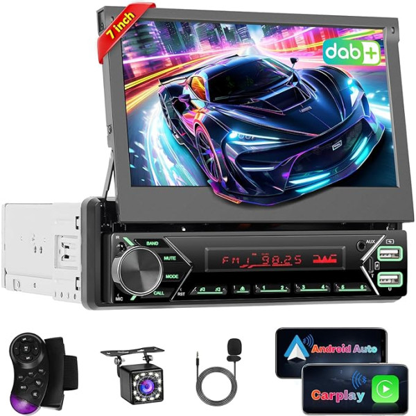 Inefala Carplay Radio 1 DIN with Motorised Extendable 7 Inch Screen, Car Radio with Wireless Android Car Bluetooth, Mirror Link, Seven-Colour FM USB EQ DAB Reversing Camera