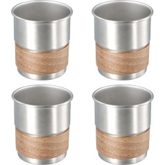 Kioiner Pack of 4 300 ml Stainless Steel Cups, Portable Camping Mug, Stainless Steel Cup with Cup Protector Made of Wood, Stainless Steel Beer Mugs, Silver