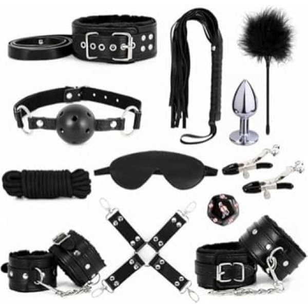 WreGmgg Black Leather Yoga Kit Set of 12 Pieces, Ultra Soft Adjustable Training Tool, Bedroom Yoga Training for Couples, Fitness H Resistance Belt