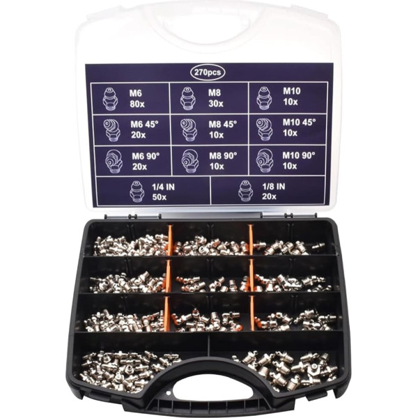 Grease Nipple Sortiment, 270-teilig, industriell, verzinkt, vielseitig, mechanisch, Schmierung, Zubehör, Zubehör für Landwirtschaftsmaschinen, Garagenwartung