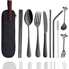 Arawat Outdoor Stainless Steel Travel Cutlery Set 10 Pieces Camping Cutlery Picnic Cutlery Black Cutlery On the Go Case Dishwasher Safe Travel Cutlery Hiking Cutlery with Fork Spoon Chopsticks