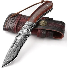 DRACHENADER Damask Pocket Knife, Folding Knife (Liner Lock) Made of Damascus Steel, Knife with Leather Sheath, Pocket Clip, Wooden Handle (Without Flipper)