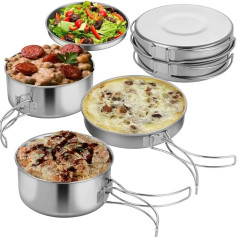 yeeplant Portable Camping Cooking Set - 4 Pieces Stainless Steel Pots and Frying Pan with Plate, Stackable with Storage Bag for Outdoor Cooking