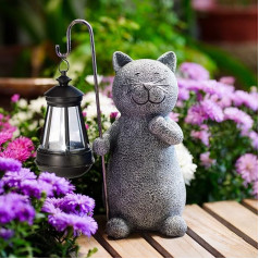 Yeomoo Cat Garden Figures for Outdoor Use with Solar Lantern - Funny Waterproof Solar Lamp Figure Garden Decoration for Outdoor Balcony Patios Gifts for Women Men Mum Birthday Fairy Garden Grey