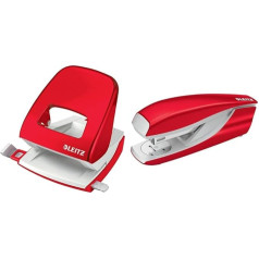 Leitz Office Hole Punch + Stapler, for 30 Sheets, Stop Rail with Format Requirements, Stapler with 200 Staples, Ergonomic Design, Red, WOW Series, 50081026 + 55021026