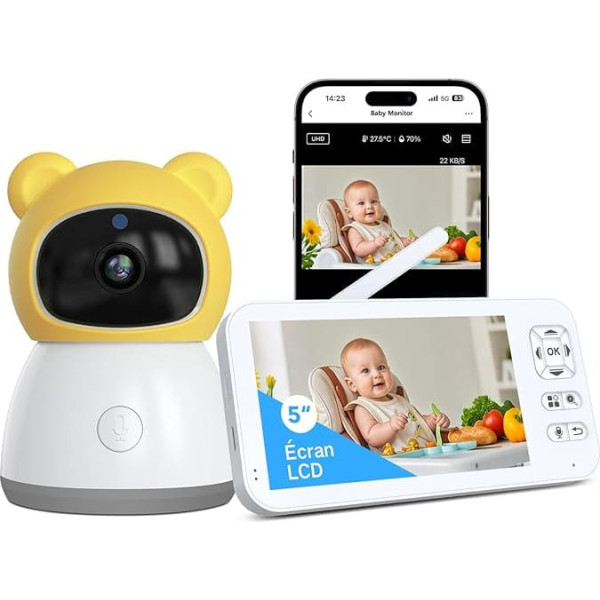 XPJ 2K 5 Inch Baby Monitor Camera with Phone App, 360° Rotation, Colorful Night Lights, 4x Zoom, Auto Tracking, Personalized Alarm Area