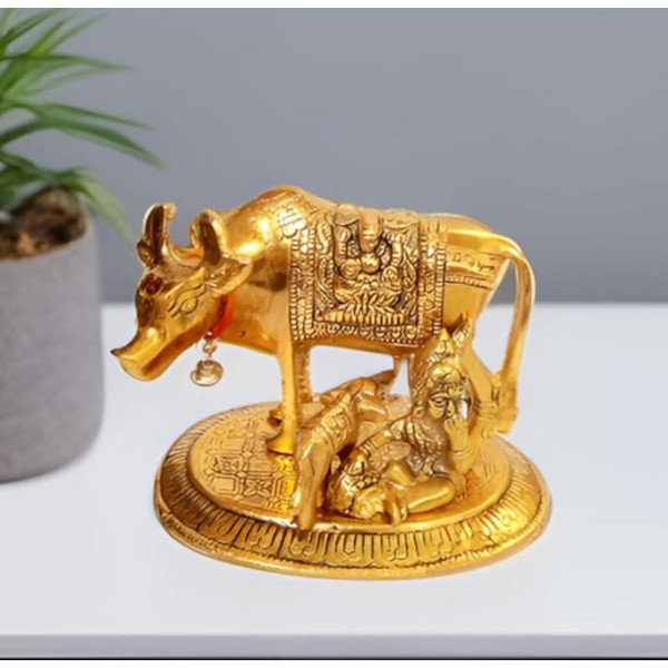 Purpledip Metal Idol Kamdhenu Cow & Makhan Choir Lord Krishna: Unique Ganesha Lakshmi Design (12326)