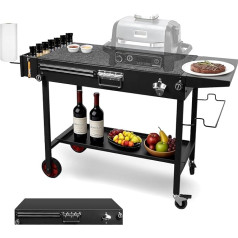 Barbecue Trolley with 2 Levels and Extendable Plate, Robust Serving Trolley for Garden with 6 Accessories: Folding Shelf, Hook, Bottle Opener, Magnetic Strip, Black Grill Table for Pizza Oven 110 x 43