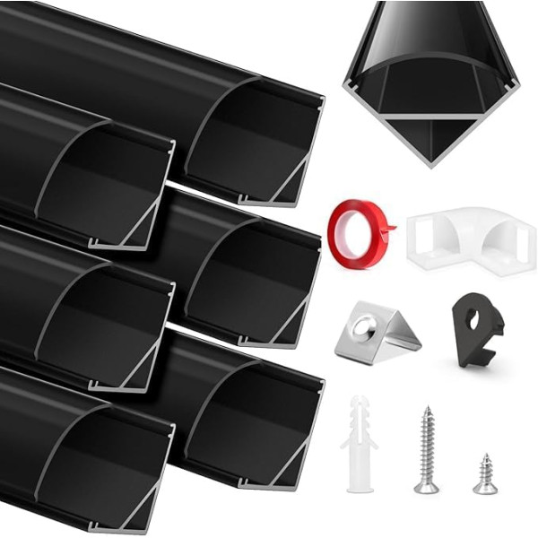 HOMMAND 6 x 1 m / 3.3 ft LED Channel V-Shape LED Strip Channel and Diffuser with Corner Connector, Adhesive, End Caps and Mounting Clips, LED Profile 45 Degrees, LED Aluminium Profile 6 m