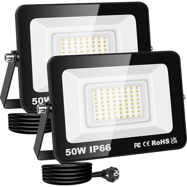 RIGIDON LED Spotlight Outdoor & Indoor with Plug, 2 x 50 W 5000 LM 230 V Spotlight, Floodlight for Garden, Garage, Patios, Yard, Construction Sites Work Spotlight, 3000 K Warm White Waterproof