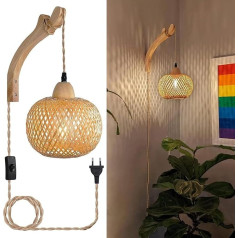 Liyabber Wooden Indoor Wall Light, Vintage Wall Lamp with Plug and Switch, E27 Retro Bamboo Lantern, Rattan Bedside Lamp for Living Room, Bedroom, Stairs, Hallway (Bulb Not Included)