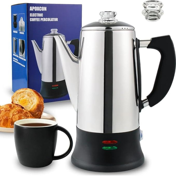 APOXCON Electric Coffee Percolator for 12 Cups - CE Certified, Classic Coffee Container with Heat Resistant Glass Knob & Quick Brew System | Wireless Server