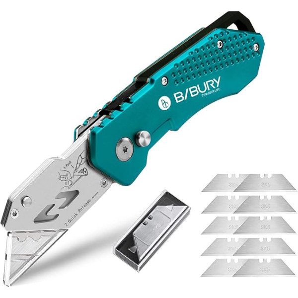 BIBURY Universal Folding Knife, Portable Carpet Knife, Cutter Knife with 10 Extra SK5 Stainless Steel Blades, Easy Release Button, Belt Clip, Quick Change, for Carpet, Wallpaper & Cardboard
