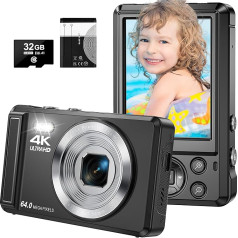 Digital Camera, 4K 64MP Compact Camera with 32GB Card 16X Digital Zoom 2.4 Inch Large Screen Camera Digital Camera for Children Beginners Teenagers (Black)