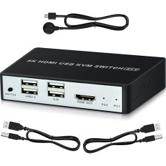 KVM Switch, SZJUNXIAO USB Switch HDMI 2 Port Box, USB and HDMI Switch Supports UHD 4K @ 60Hz with 2 USB Cables and 1.5 m Long Desktop Switch Controller for Mouse, Printer, Scanner, USB Sticks, etc