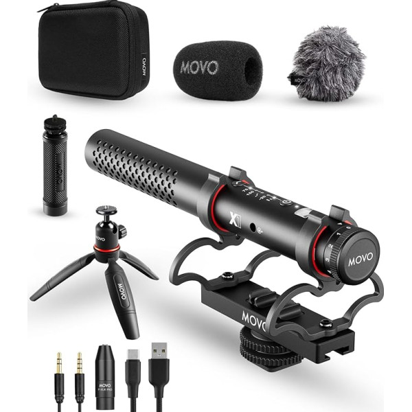 Movo X1 Super Cardioid Microphone - 3.5mm/XLR/USB-C Camera Microphone for DSLR, Smartphones and Computers - Professional Boom Microphone with Advanced Audio Control, Tripod and Accessories