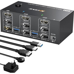 USB 3.0 KVM Switch 2 PC 3 Monitors, 8K @ 60Hz KVM Switch 4K @ 144Hz, USB Displayport HDMI Switch, KVM Switch Displayport 1.4 + HDMI 2.1 for 2 PC Share Mouse, Keyboard and 3 Monitors, with Wired Remote