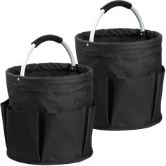 IHOMAGIC Pack of 2 Foldable Cleaning Supplies Organiser, 17L Shopping Basket with Handle and 6 Pockets, Portable Oxford Fabric Tool Bag, Multifunctional Storage Basket for Travel, Cleaning, Black