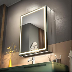 GANPE LED Illuminated Bathroom Medicine Mirror Cabinet, Defog, Continuous Dimming, Memory 3-Colour Mode, Storage Shelves, Sockets & USBs (Left Hinge, 50 x 70 cm)