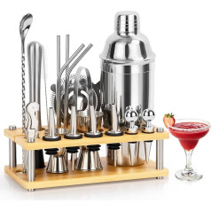 MUUKAIII Cocktail Shaker Set with Stand, 750 ml, 20-Piece Stainless Steel Cocktail Accessories, Professional Bartender Set with 4 Non-Slip Silicone Plasters, Gift for Men, Women, Friends