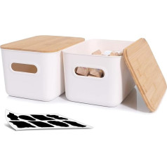 Citylife Set of 2 6.5 L Bamboo Storage Box with Lid for Bathroom, Plastic Storage Basket, Stackable Small Storage Jar with Handles for Kitchen, Bedroom, Bathroom, Living Room, White