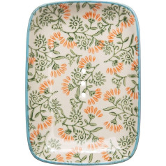 Tranquillo Fleur Square Soap Dish Stoneware with Holes for Water Drainage 13.5 x 9.5 x 2 cm